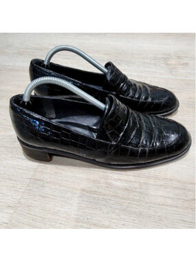 Stuart Weitzman Shoes Womens 7 Black Croc Embossed Loafer Flats Slip On Casual